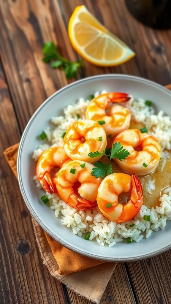 Garlic Butter Shrimp with Garlic Press Garlic butter shrimp over rice, garnished with parsley, on a rustic table.